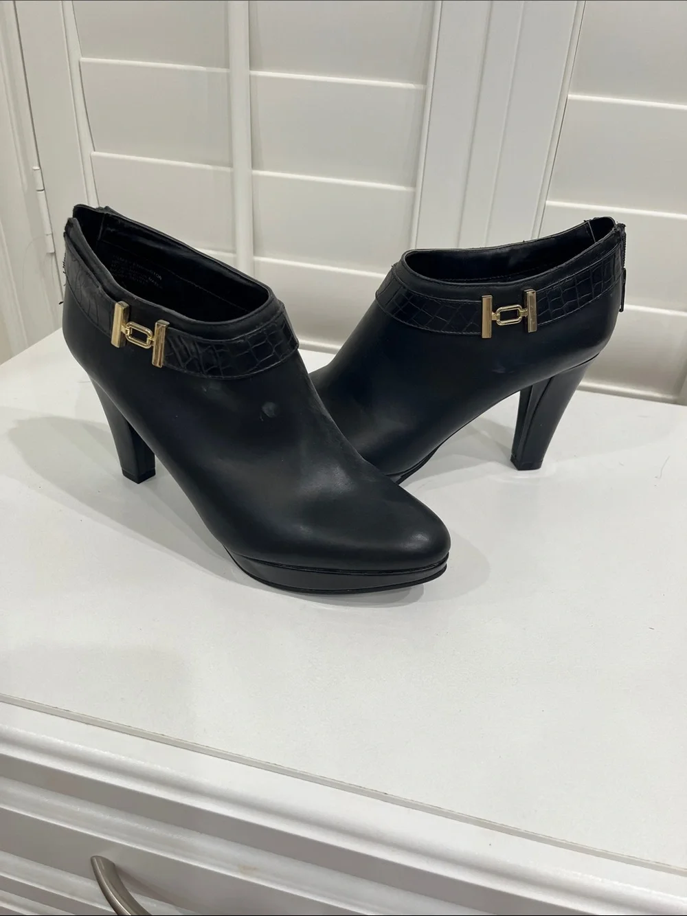 East 5th Black Croc-Trim Ankle Booties with Gold Hardware